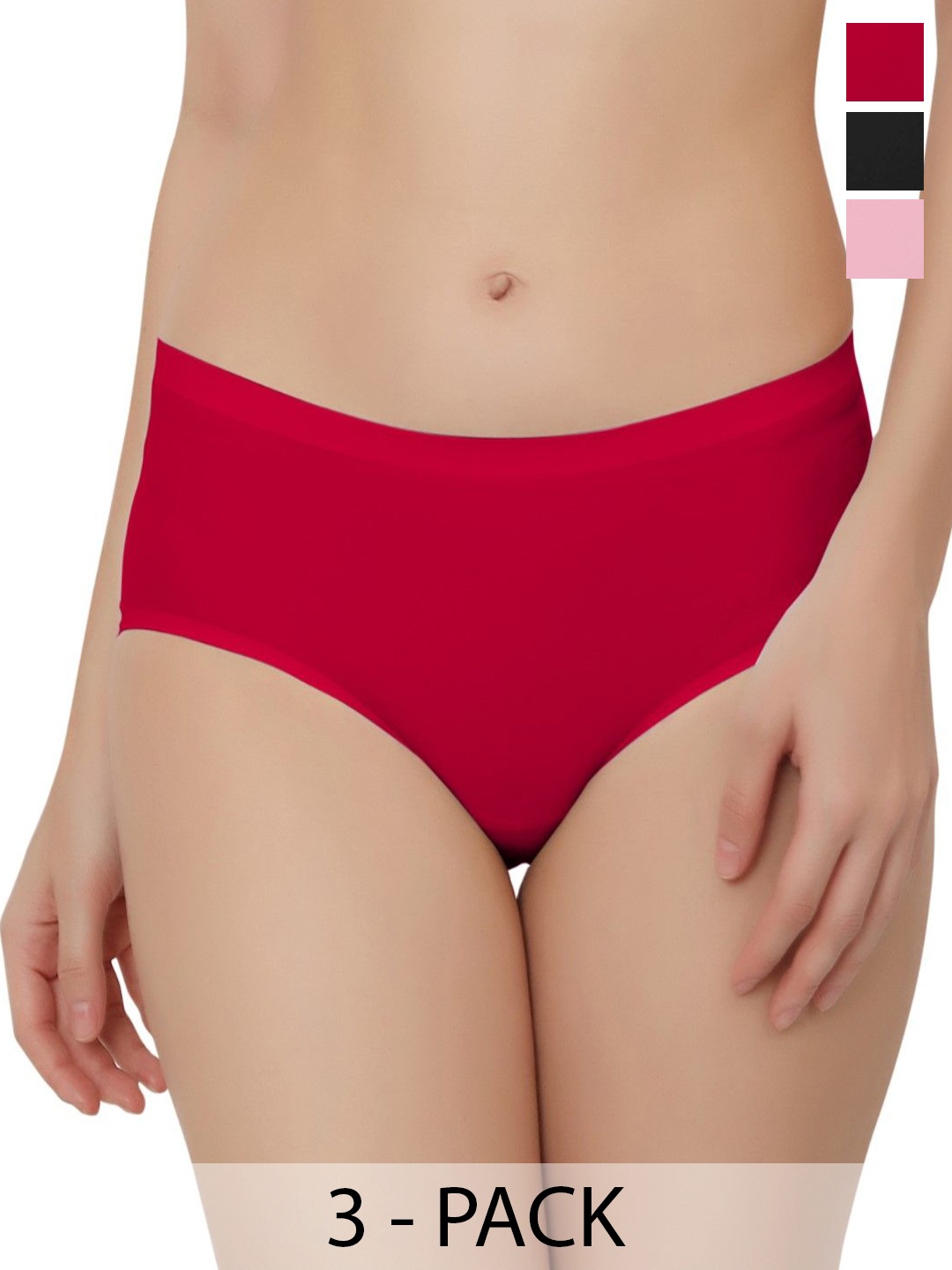 

Bella Voste Pack Of 3 Low-Rise Hipster Seamless Briefs PT-810-Black-Red-Pink-M