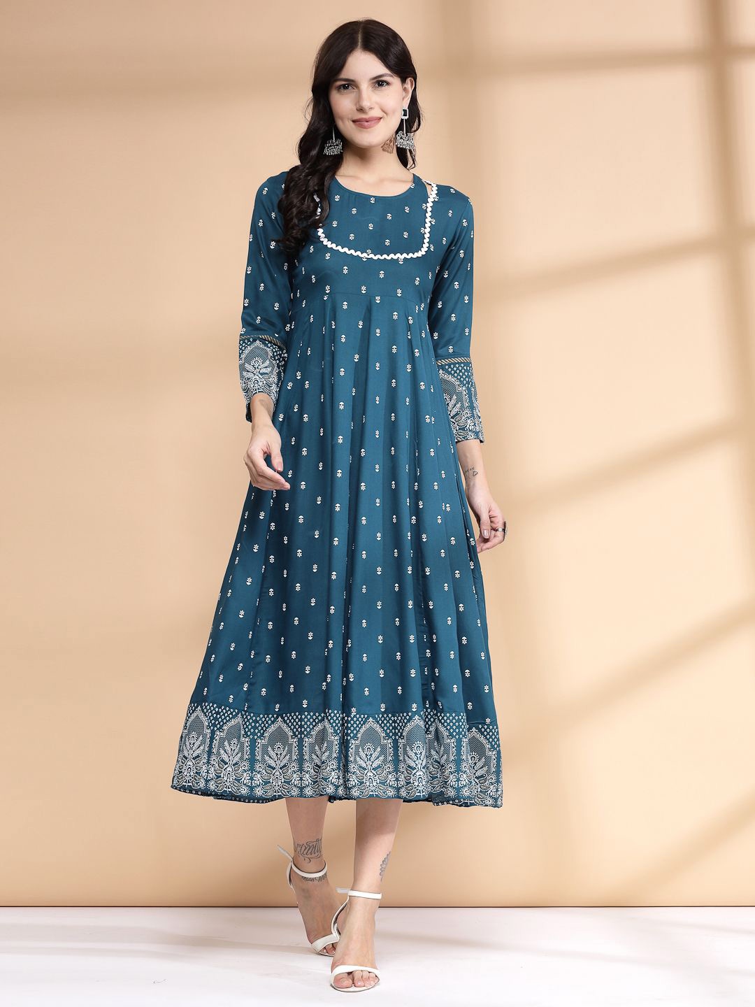 

LARGISH Ethnic Motifs Print Layered A-Line Midi Dress, Turquoise blue