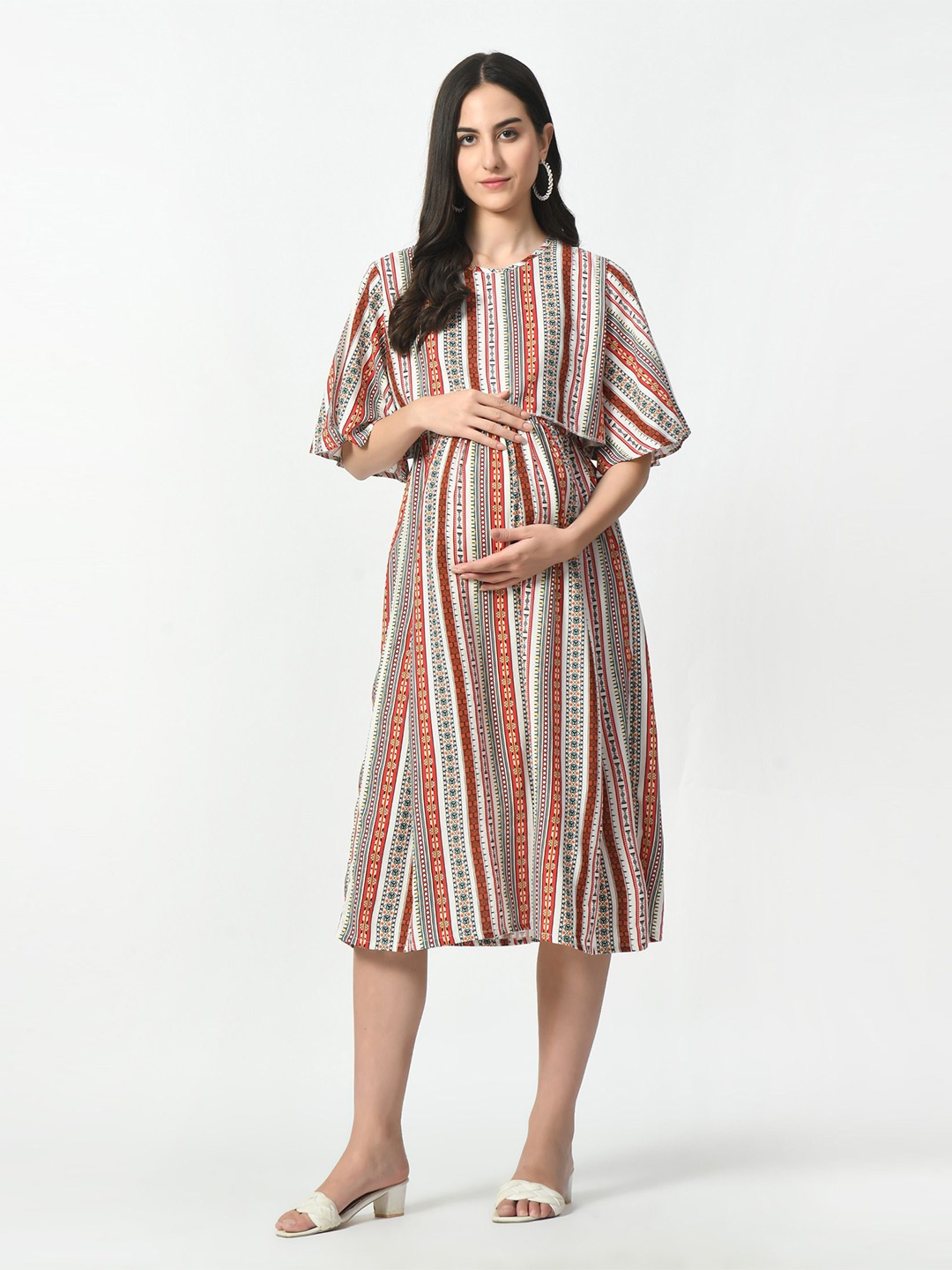 

Aaruvi Ruchi Verma Striped Flared Sleeve Maternity Fit & Flare Midi Dress, White