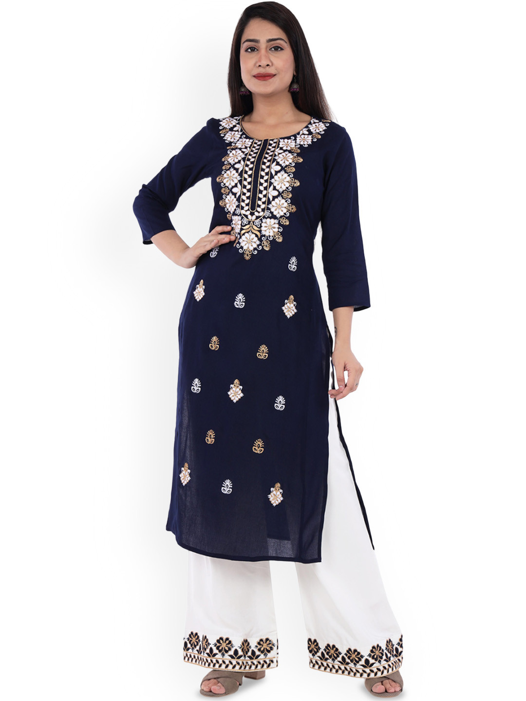 

ELVISH JAIPUR Women Floral Embroidered Regular Kurta with Palazzos, Navy blue
