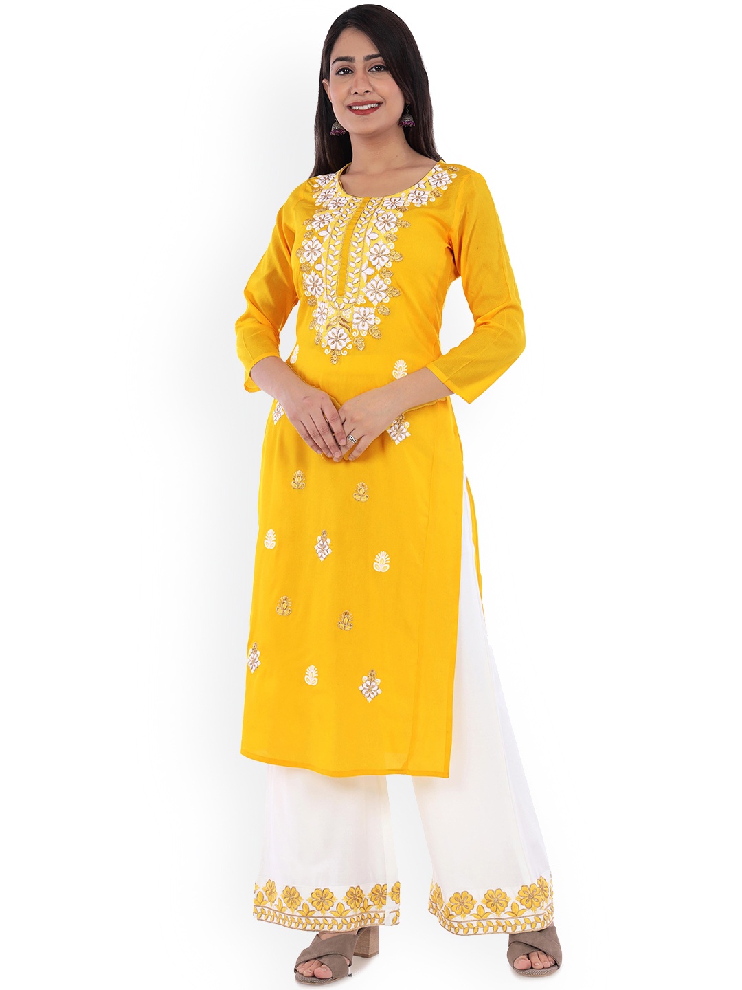 

ELVISH JAIPUR Floral Embroidered Zari Straight Kurta With Palazzo, Mustard