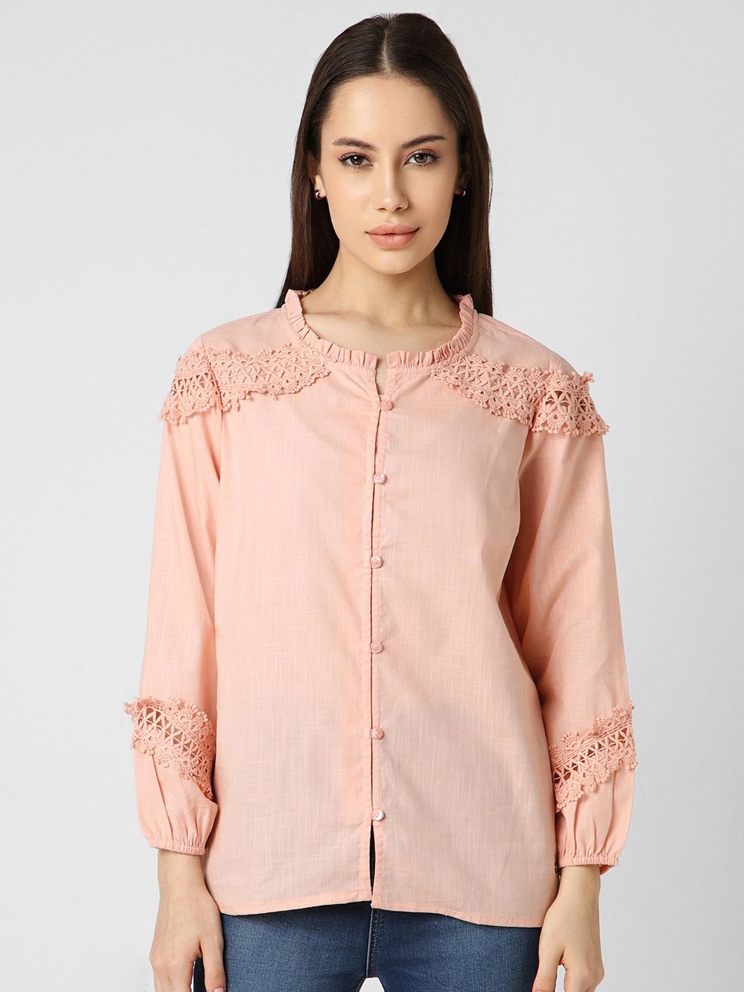 

Van Heusen Woman Mandarin Collar Cotton Shirt Style Top, Peach