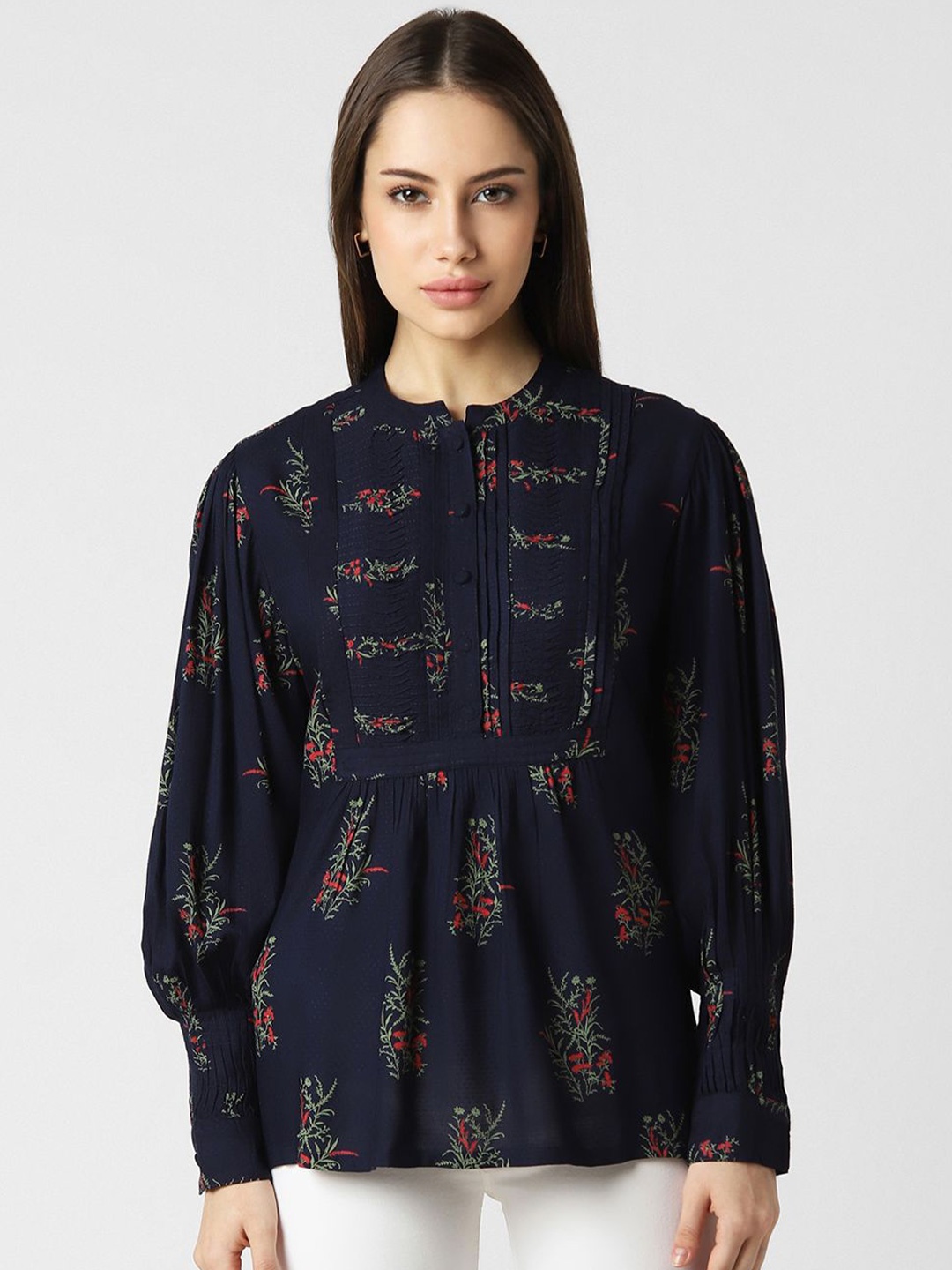 

Van Heusen Woman Floral Print Mandarin Collar Shirt Style Top, Navy blue