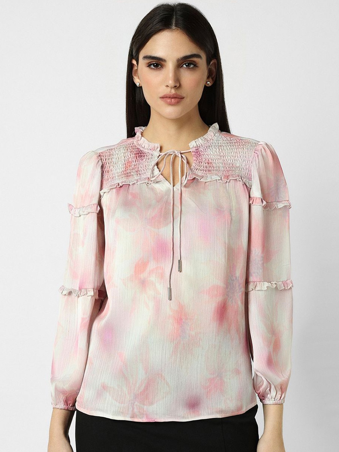 

Van Heusen Woman Floral Print Tie-Up Neck Top, Pink