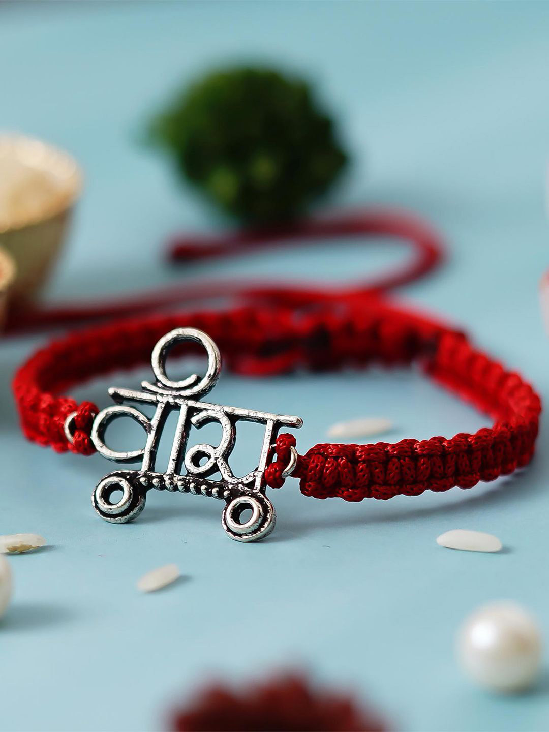 

eCraftIndia Veera 925 Sterling Silver Rakhi for Brother with Roli Chawal Pack, Red