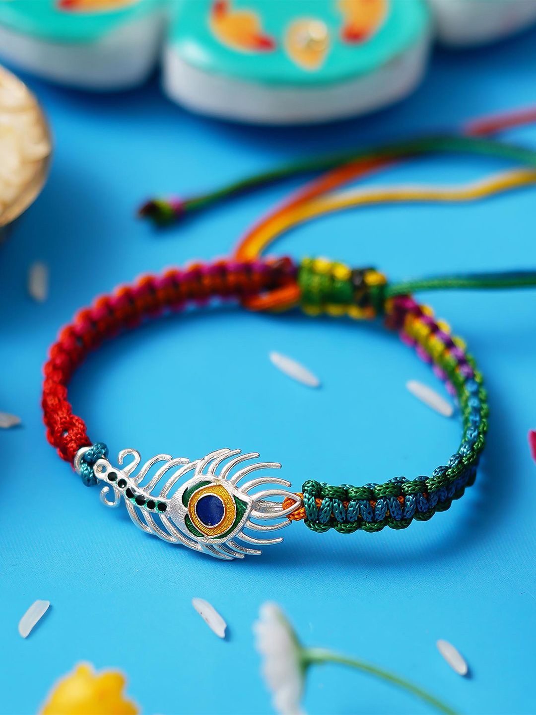 

eCraftIndia Peacock Feather Krishna 925 Sterling Silver Bracelet Rakhi for Brother
