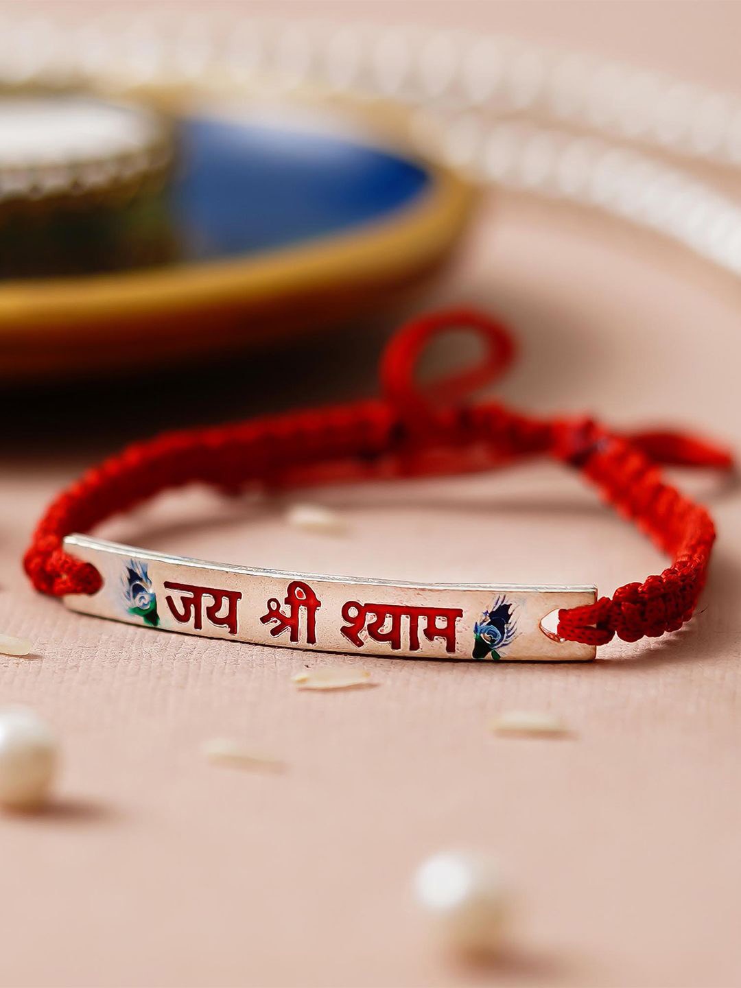 

eCraftIndia Jai Shree Shyam 925 Sterling Silver Bracelet Rakhi for Brother, Red