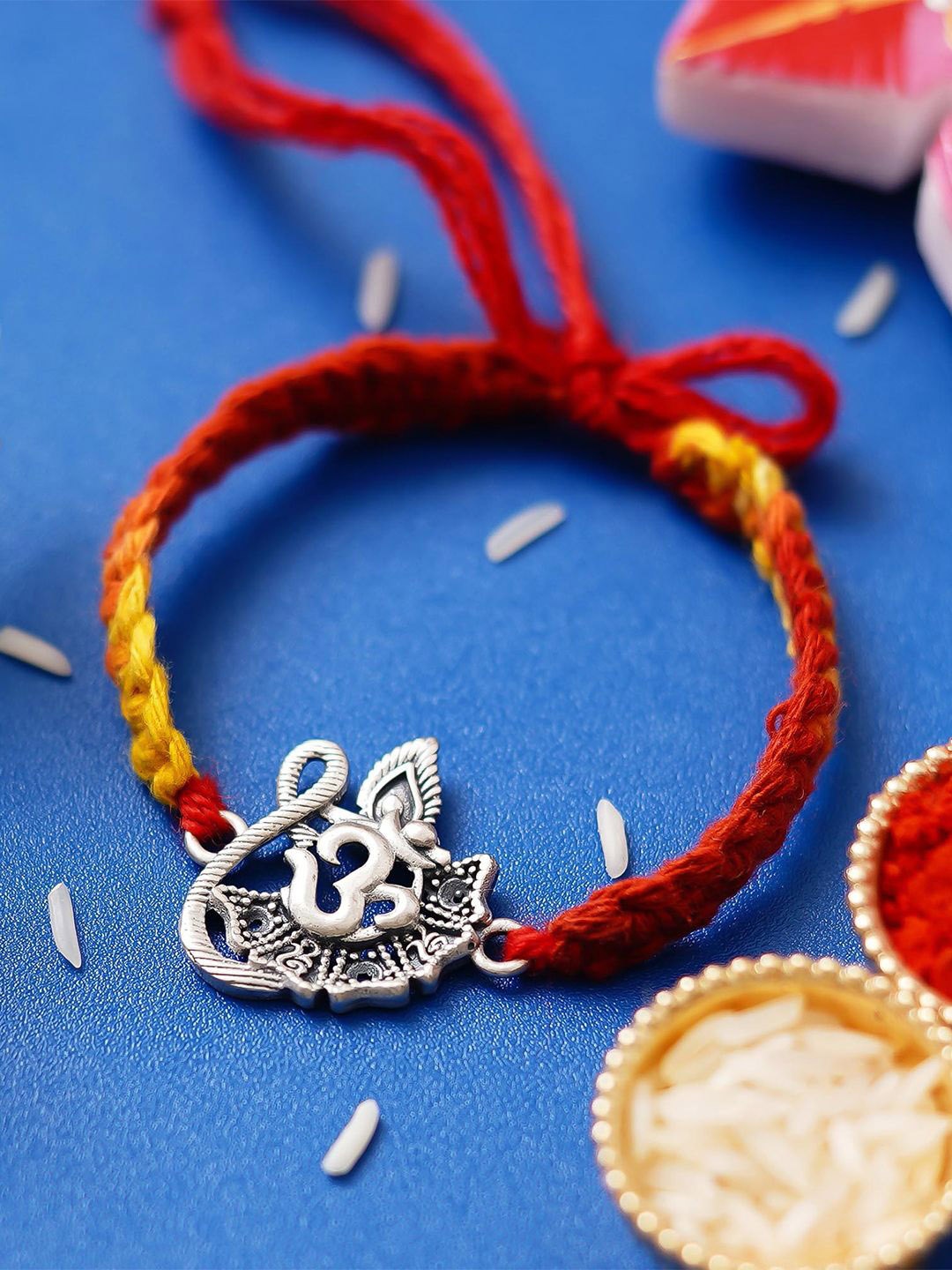 

eCraftIndia Peacock Feather Om Designer 925 Sterling Silver Rakhi for Brother, Red