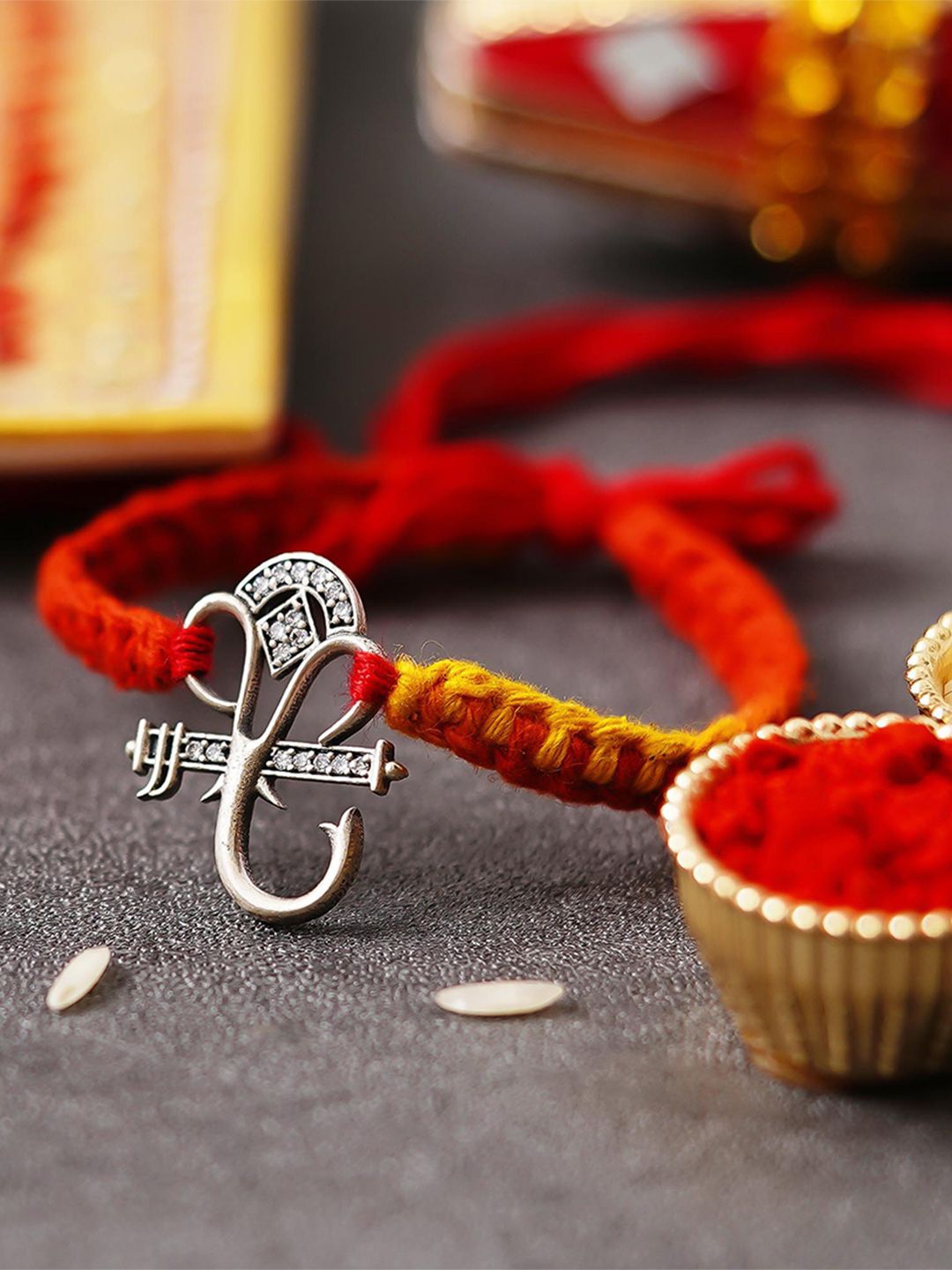 

eCraftIndia Lord Ganesha 925 Sterling Silver Rakhi for Brother with Roli Chawal Pack, Red