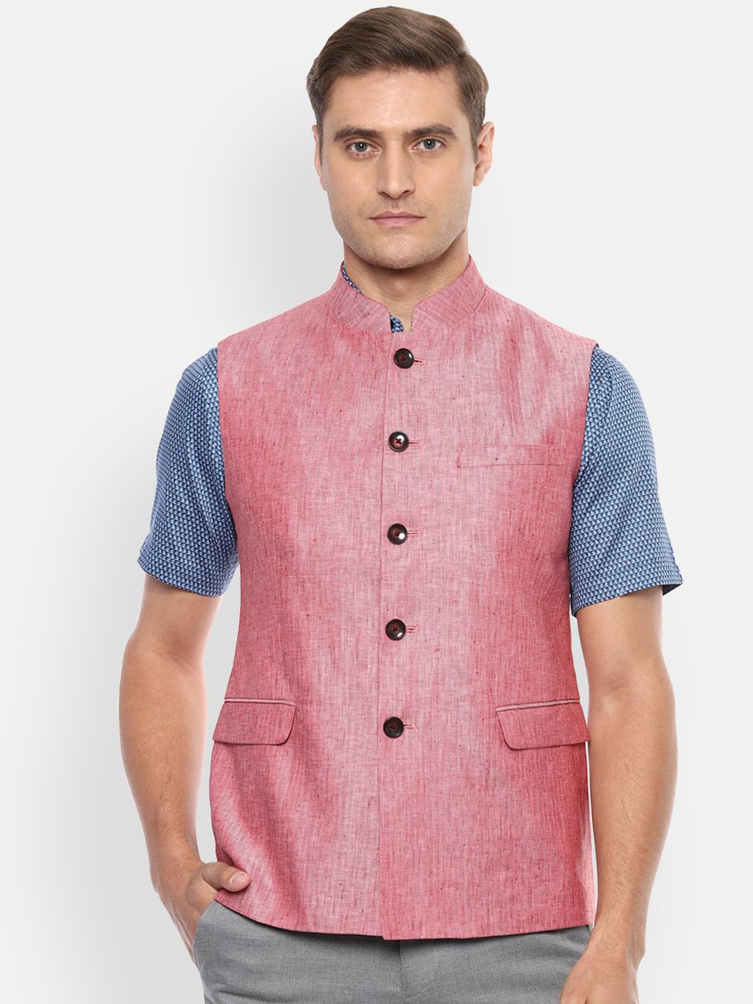 

Van Heusen Woven Slim Fit Geometric Woven Design Pure Linen Nehru Jackets, Red