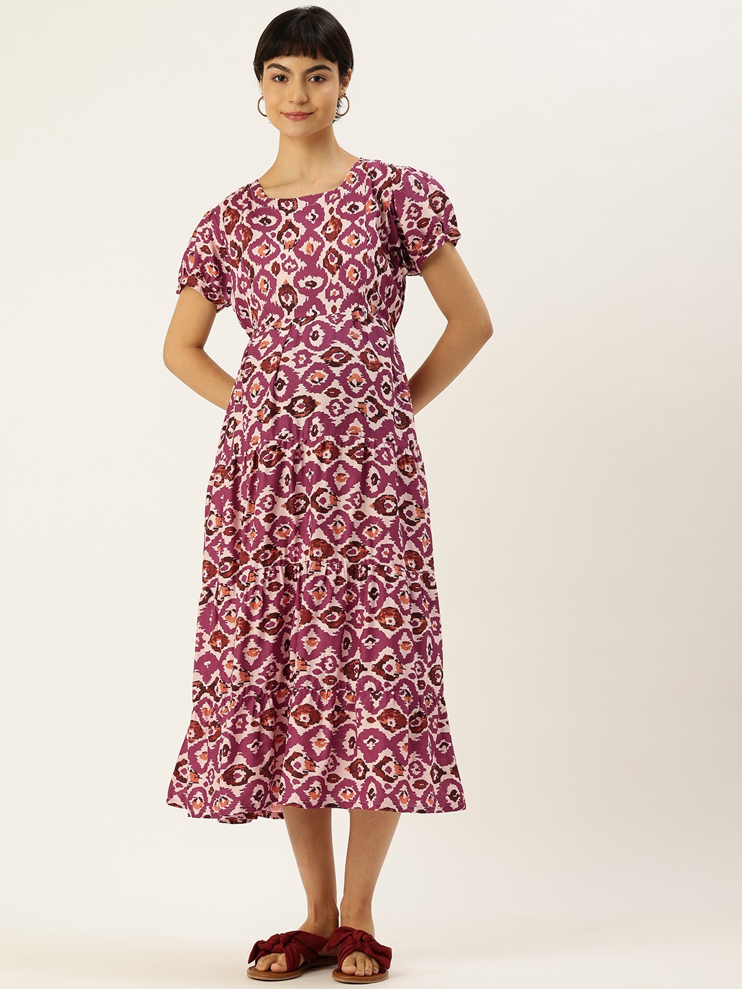 

Nejo Print Puff Sleeves Maternity A-Line Midi Dress, Pink
