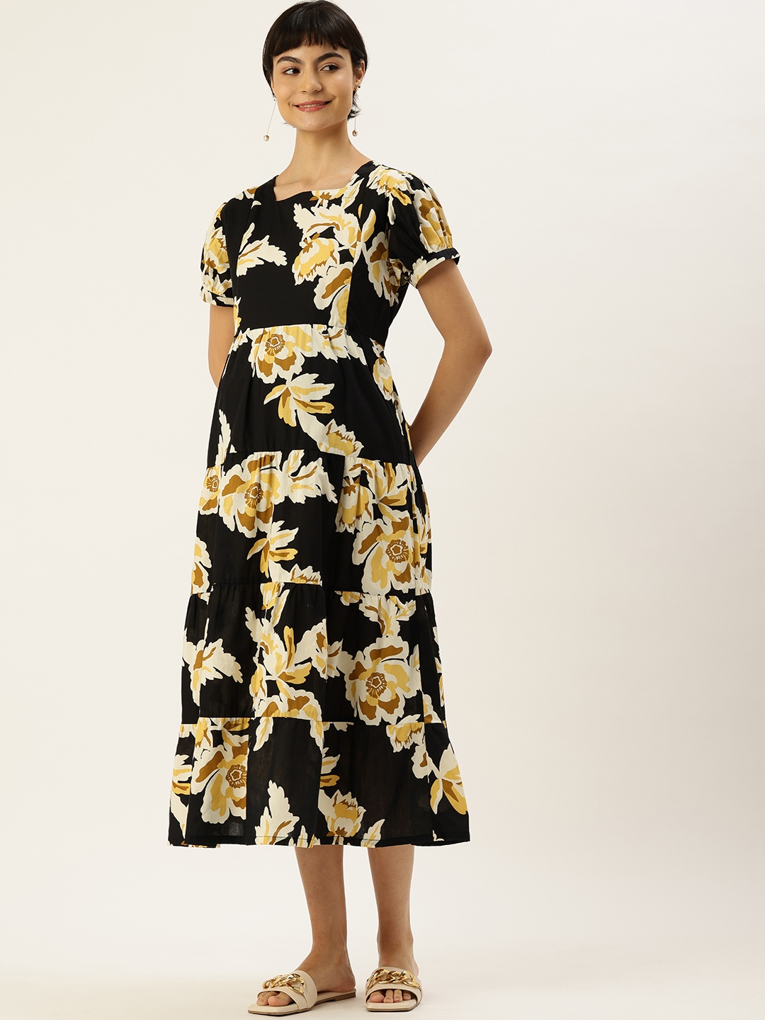 

Nejo Floral Print Puff Sleeve Maternity Pure Cotton A-Line Midi Dress, Black
