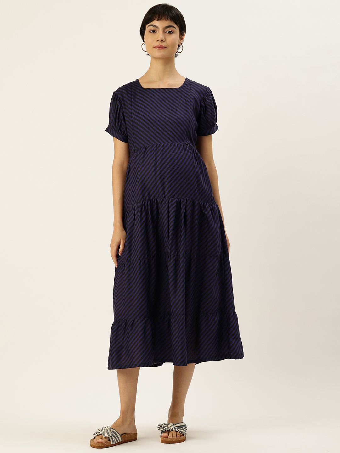 

Nejo Striped Puff Sleeves Maternity A-Line Midi Dress, Navy blue