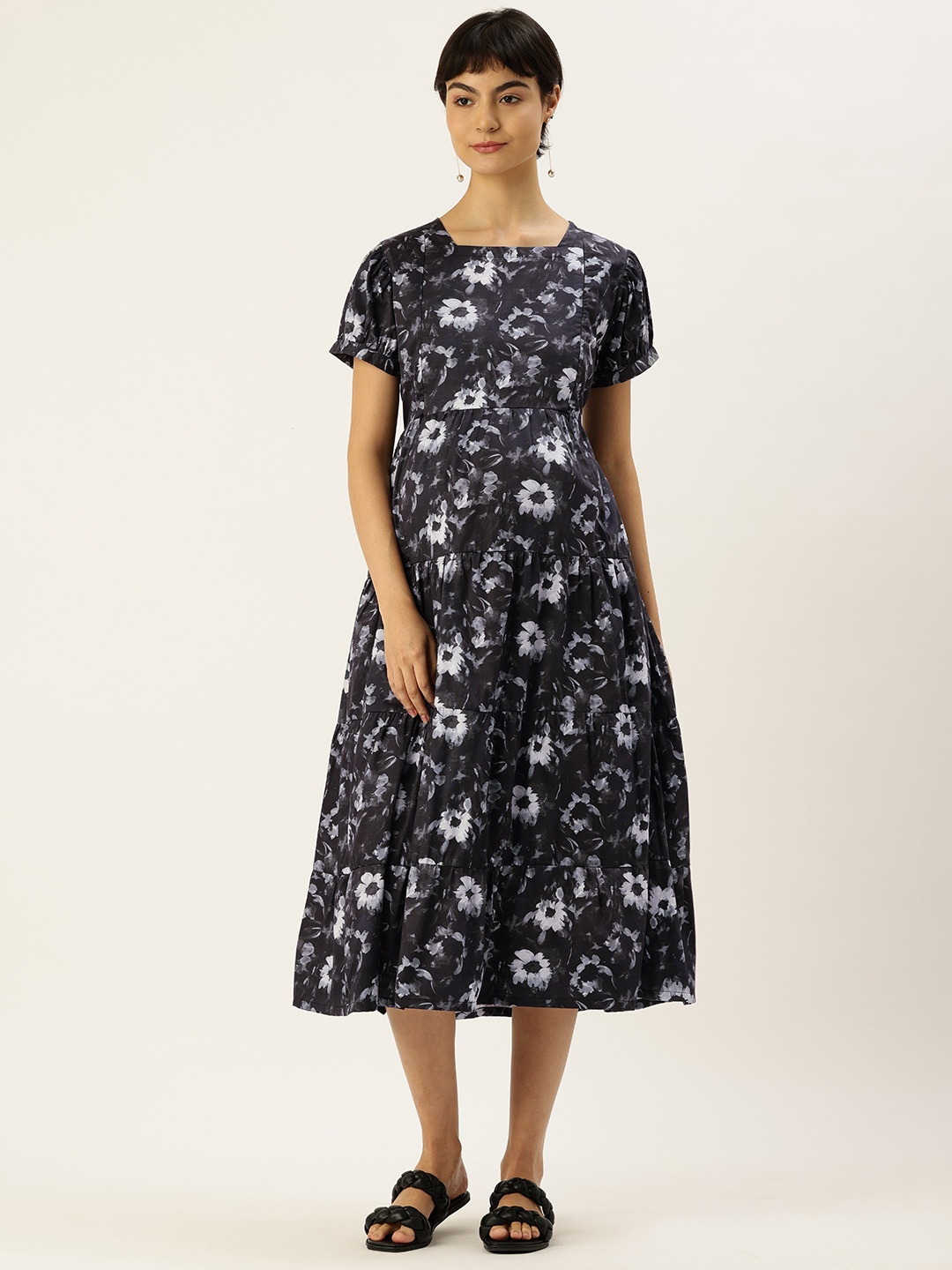 

Nejo Floral Print Puff Sleeves Maternity Pure Cotton A-Line Midi Dress, Black