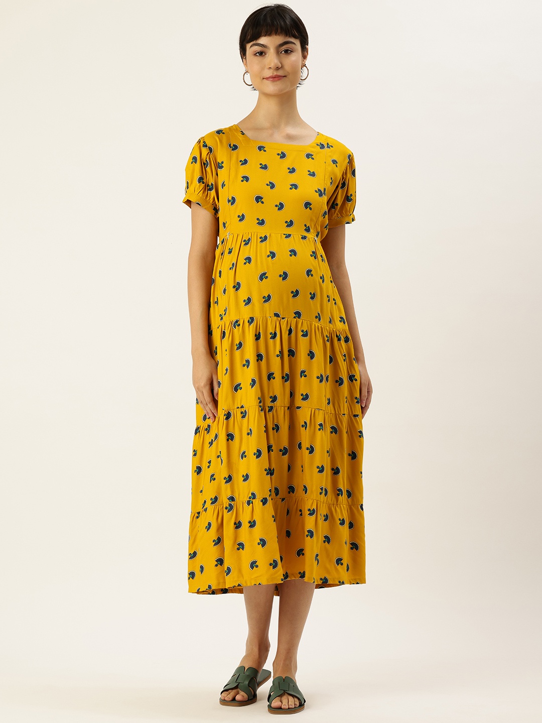 

Nejo Print Puff Sleeves Maternity A-Line Midi Dress, Yellow
