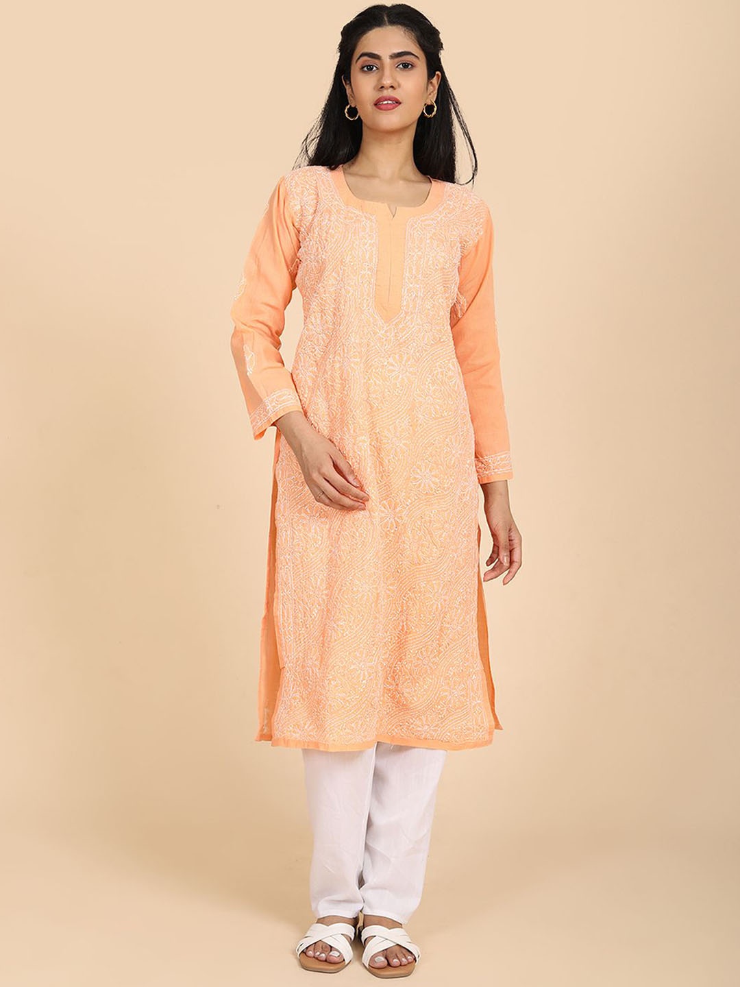 

HELLA FASHIONS Women Flared Sleeves Sequinned Kurta, Orange
