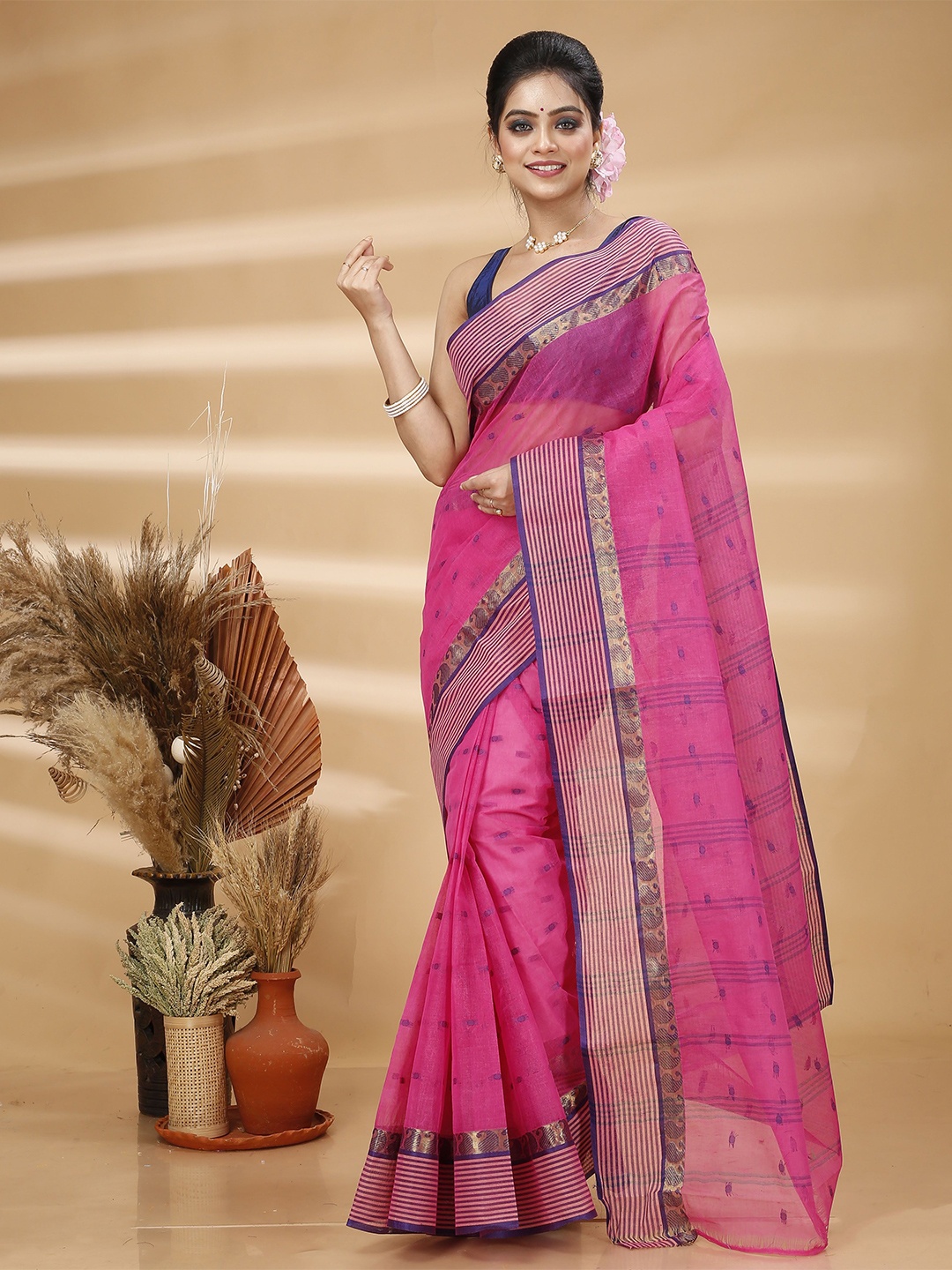 

Ruuprekha Woven Design Zari Pure Cotton Taant Saree, Blue