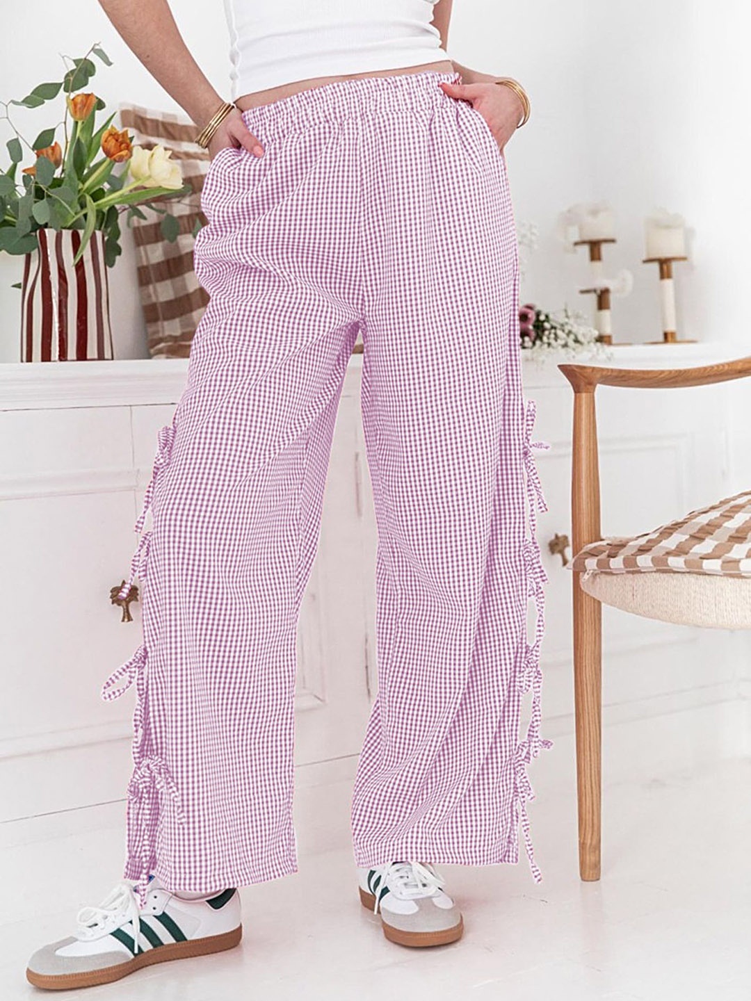 

LULU & SKY Women Striped Straight Fit Pleated Trousers, Pink