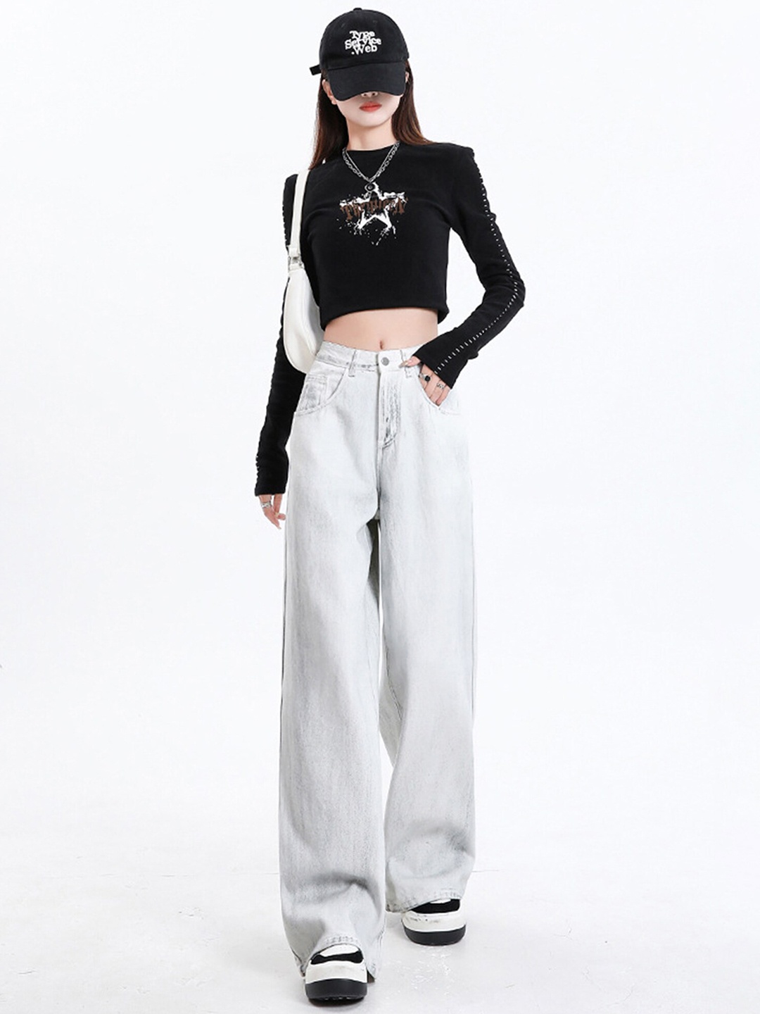 

LULU & SKY Women Wide Leg High-Rise Low Distress Jeans, Off white