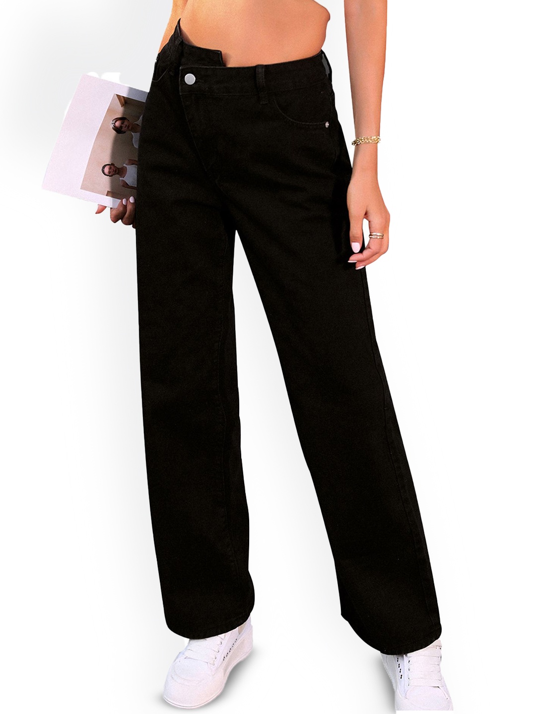 

LULU & SKY Women Wide Leg High-Rise Mildly Distressed Jeans, Black