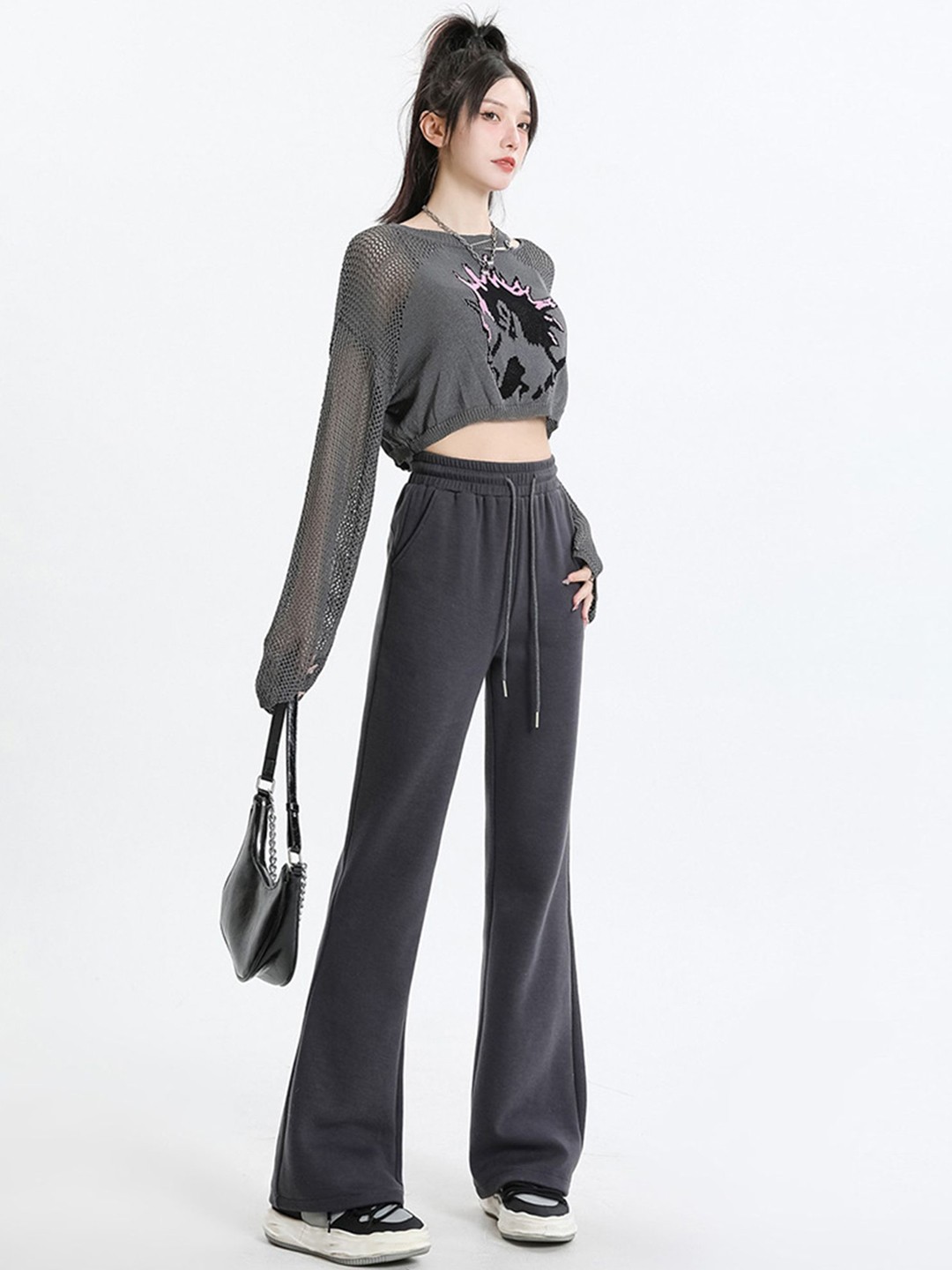 

LULU & SKY Women Flared High-Rise Trousers, Grey