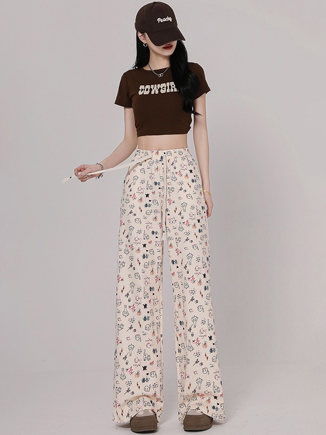 

LULU & SKY Women Floral Straight Fit High-Rise Trousers, Beige