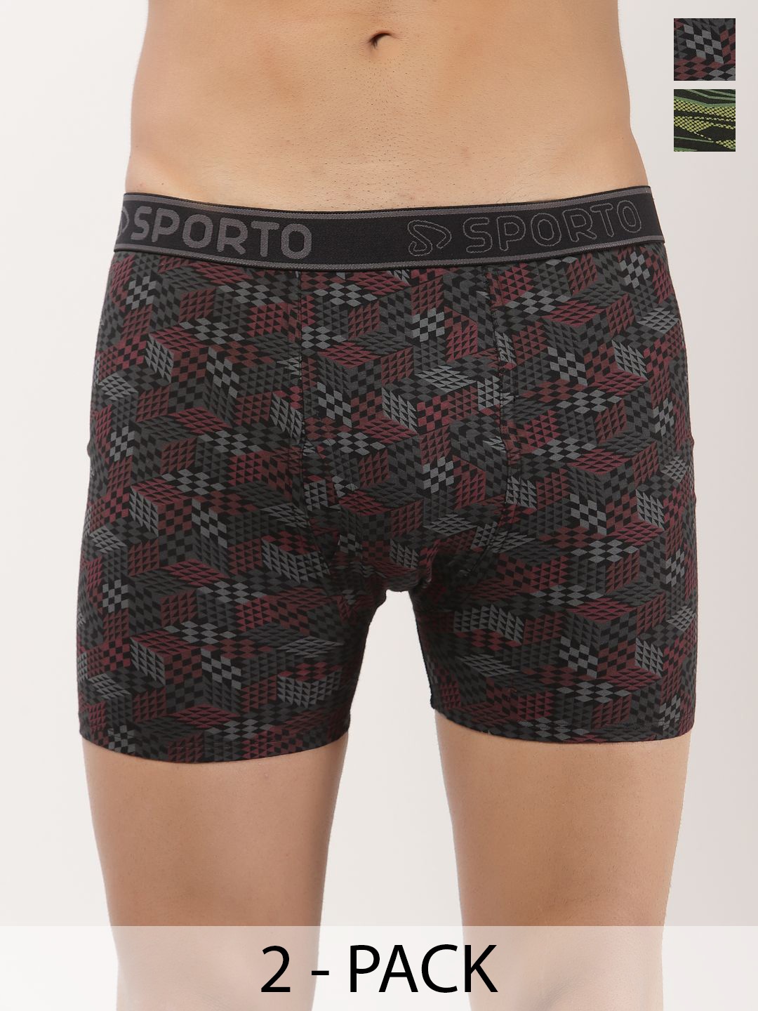 

SPORTO Pack Of 2 Printed Pure Cotton Breathability Trunks SP-TR-M1031-BLK-OLI-L-2P, Green