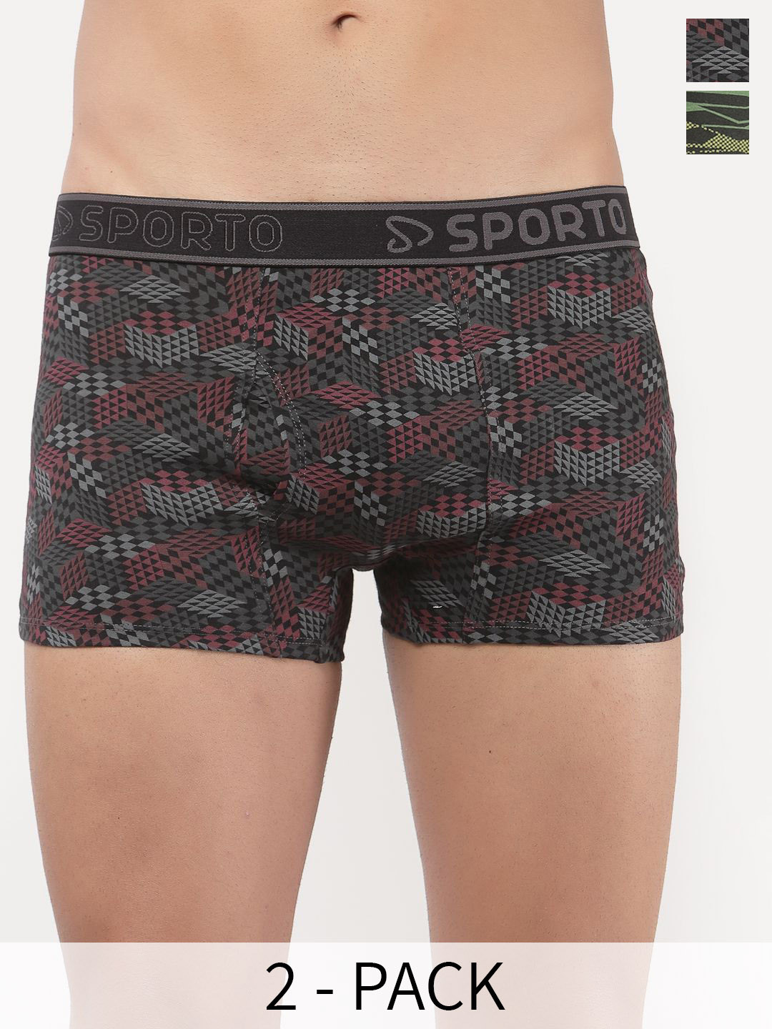 

SPORTO Pack Of 2 Printed Pure Cotton Trunk SP-TR-M1021-BLK-OLI-XL-2P, Green