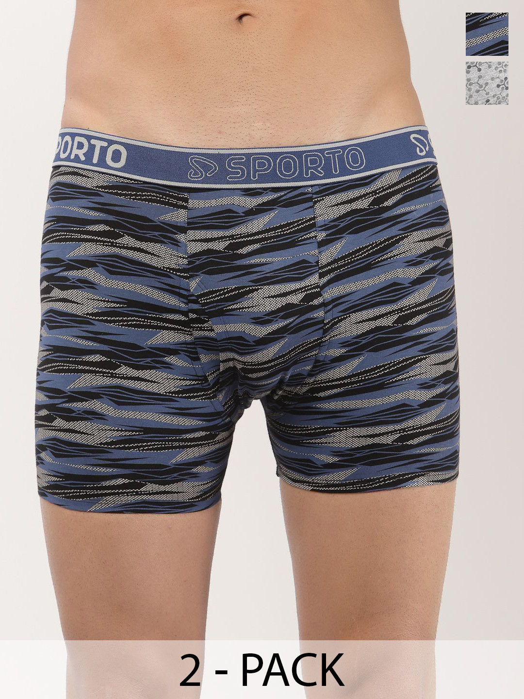 

SPORTO Pack Of 2 Printed Pure Cotton Trunks SP-TR-M1031-GM-BLK-S-2P, Navy blue