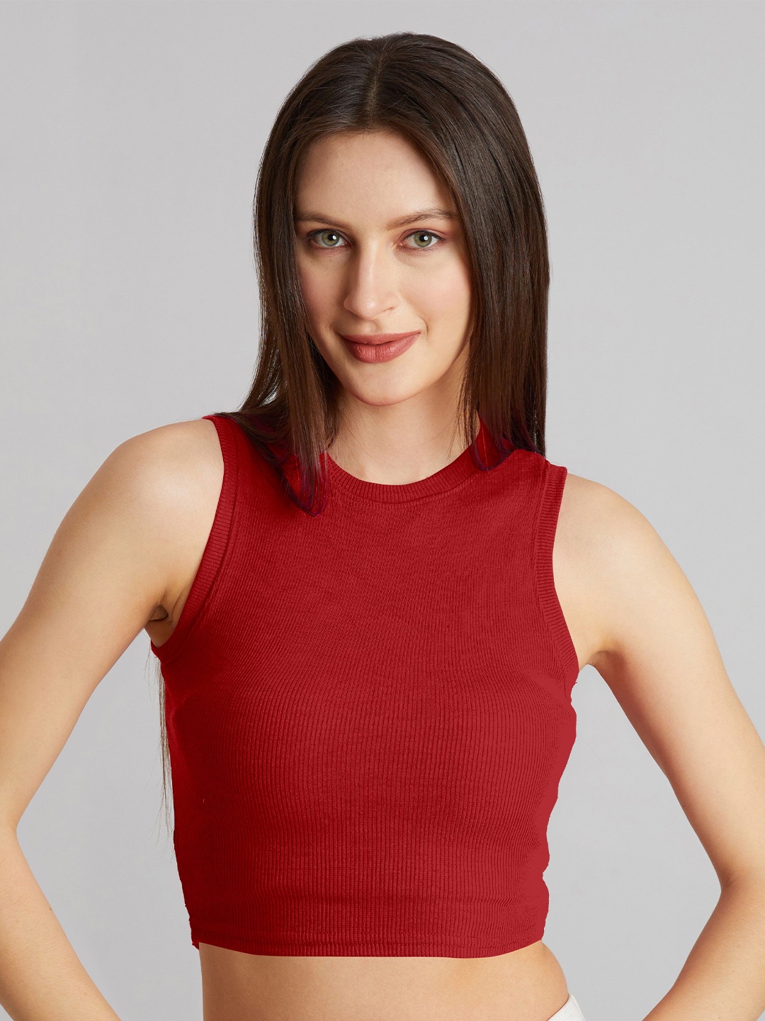

BerryBird Round Neck Sleeveless Ribbed Crop Top, Red