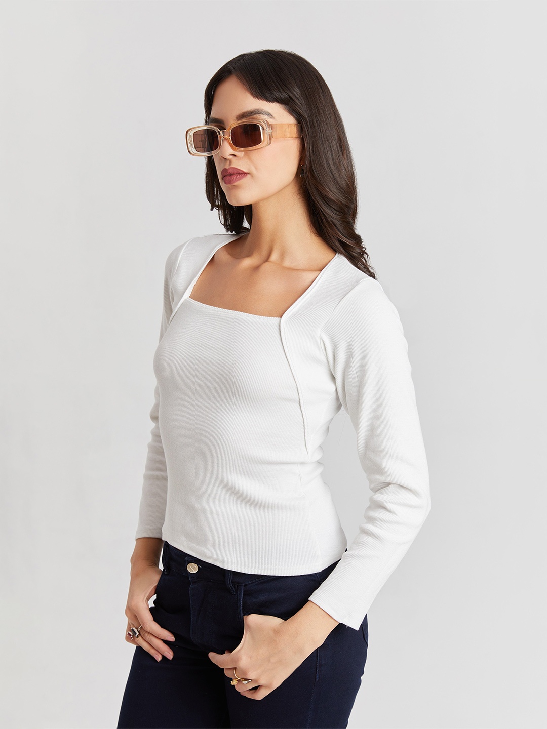 

BerryBird Ribbed Square Neck Full Sleeves Fitted Top, White