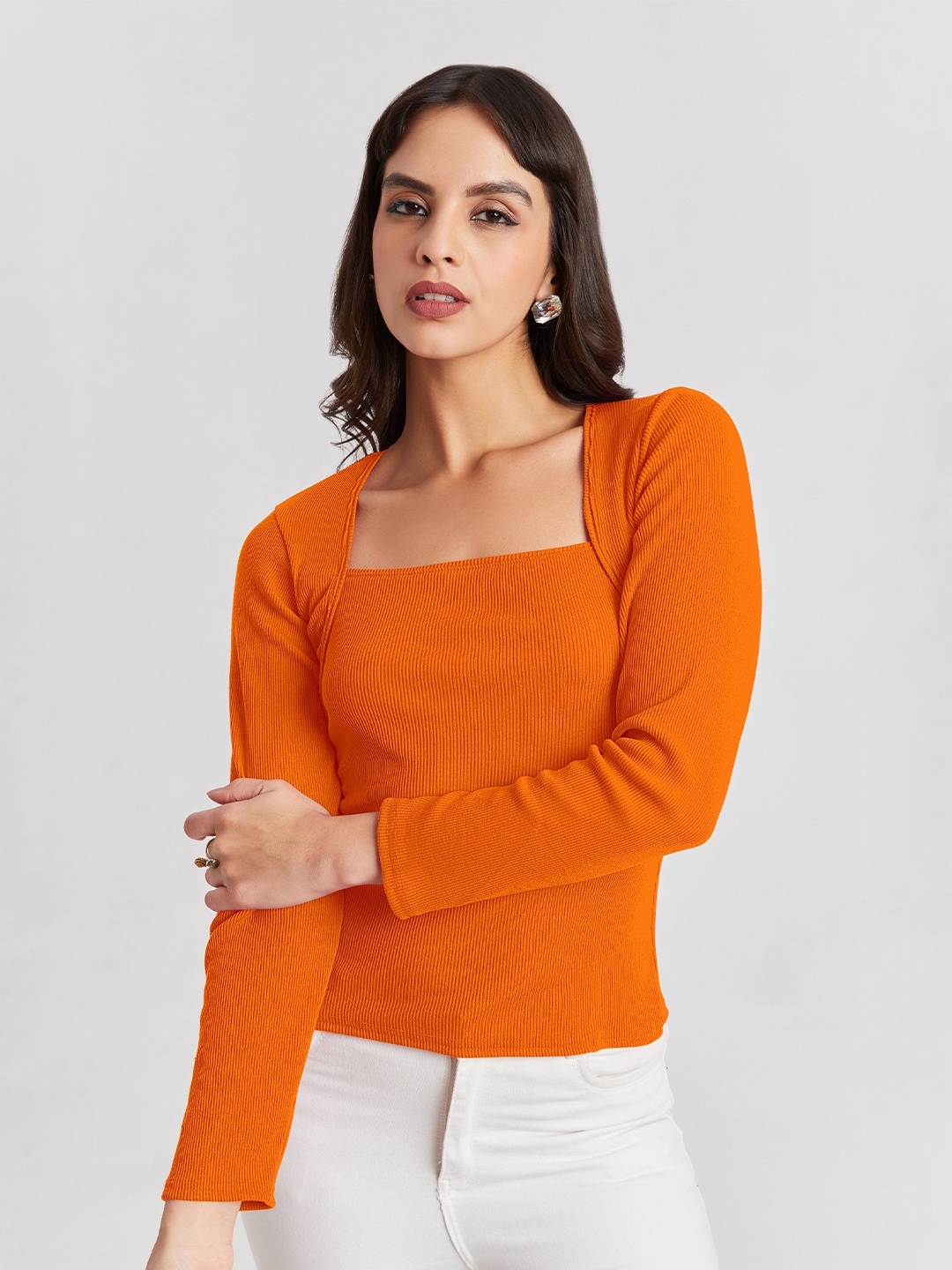 

BerryBird Ribbed Square Neck Full Sleeves Fitted Top, Orange