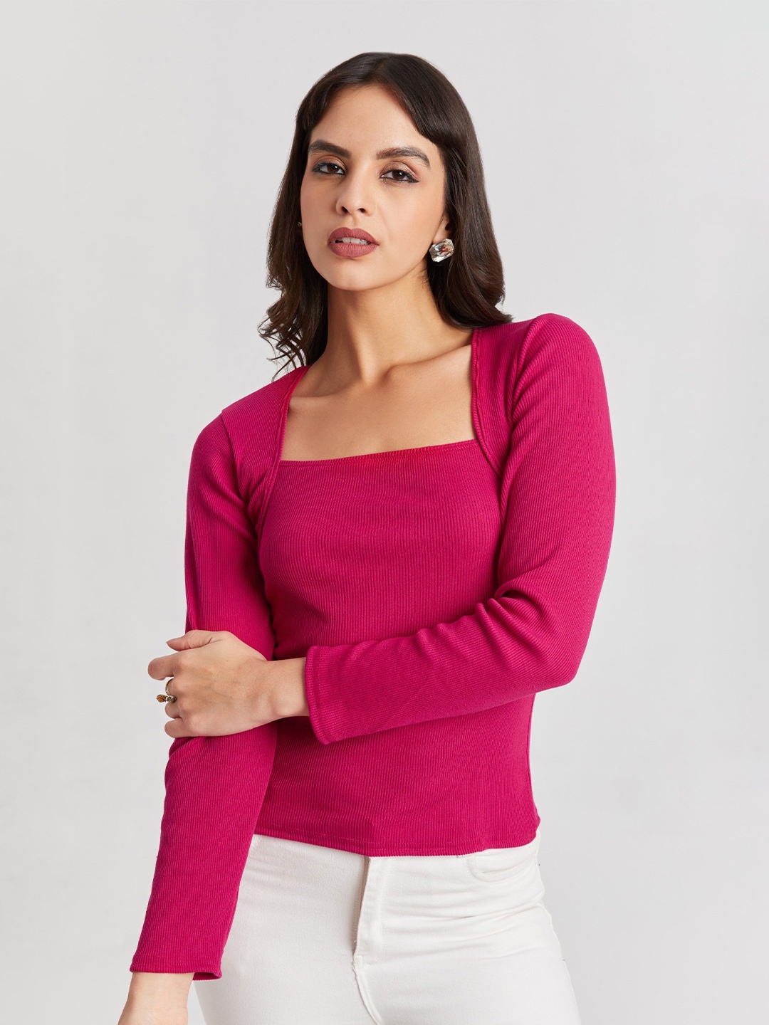 

BerryBird Ribbed Square Neck Full Sleeves Fitted Top, Pink