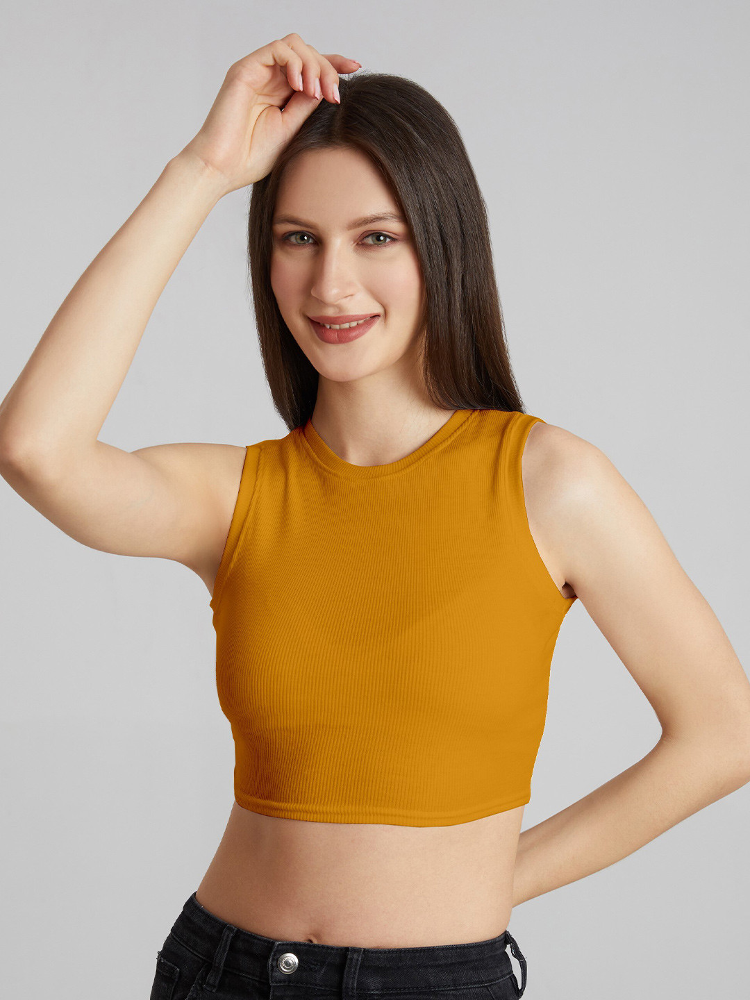 

BerryBird Round Neck Sleeveless Ribbed Crop Top, Yellow