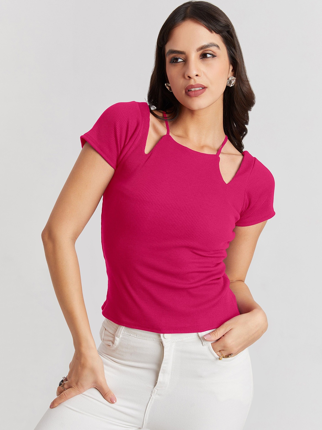 

BerryBird Solid Casual Half Sleeves Round Neck Slim Fit Top, Pink