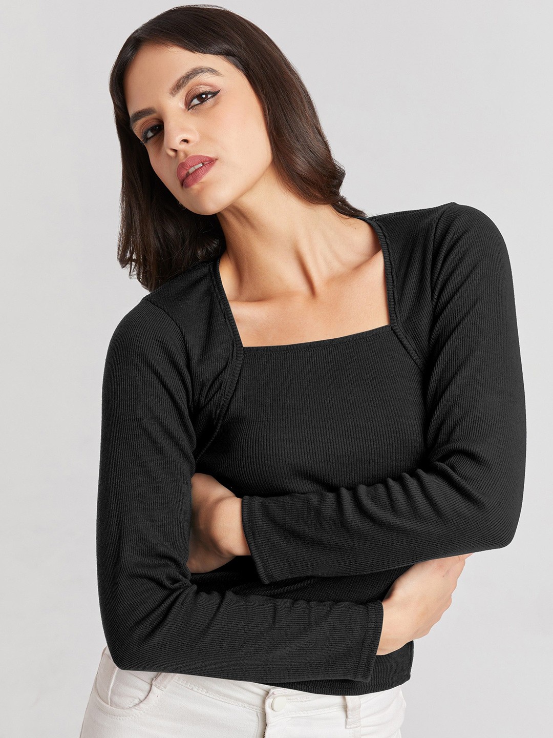 

BerryBird Ribbed Square Neck Full Sleeves Fitted Top, Black