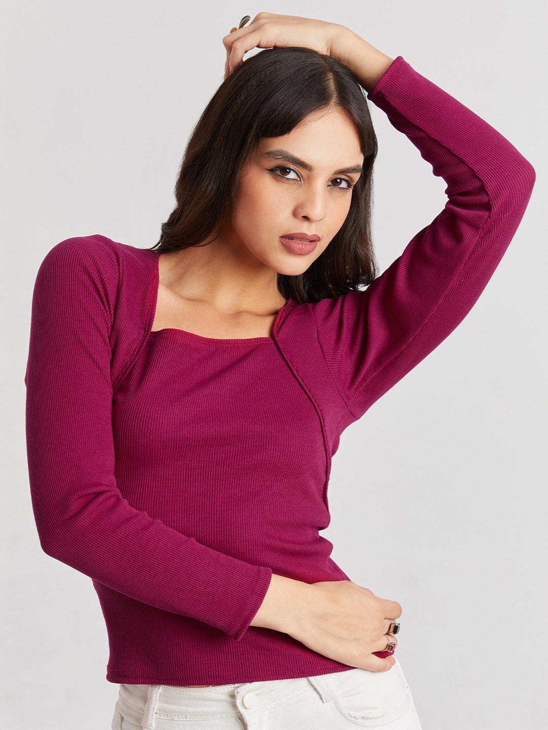 

BerryBird Ribbed Square Neck Full Sleeves Fitted Top, Maroon