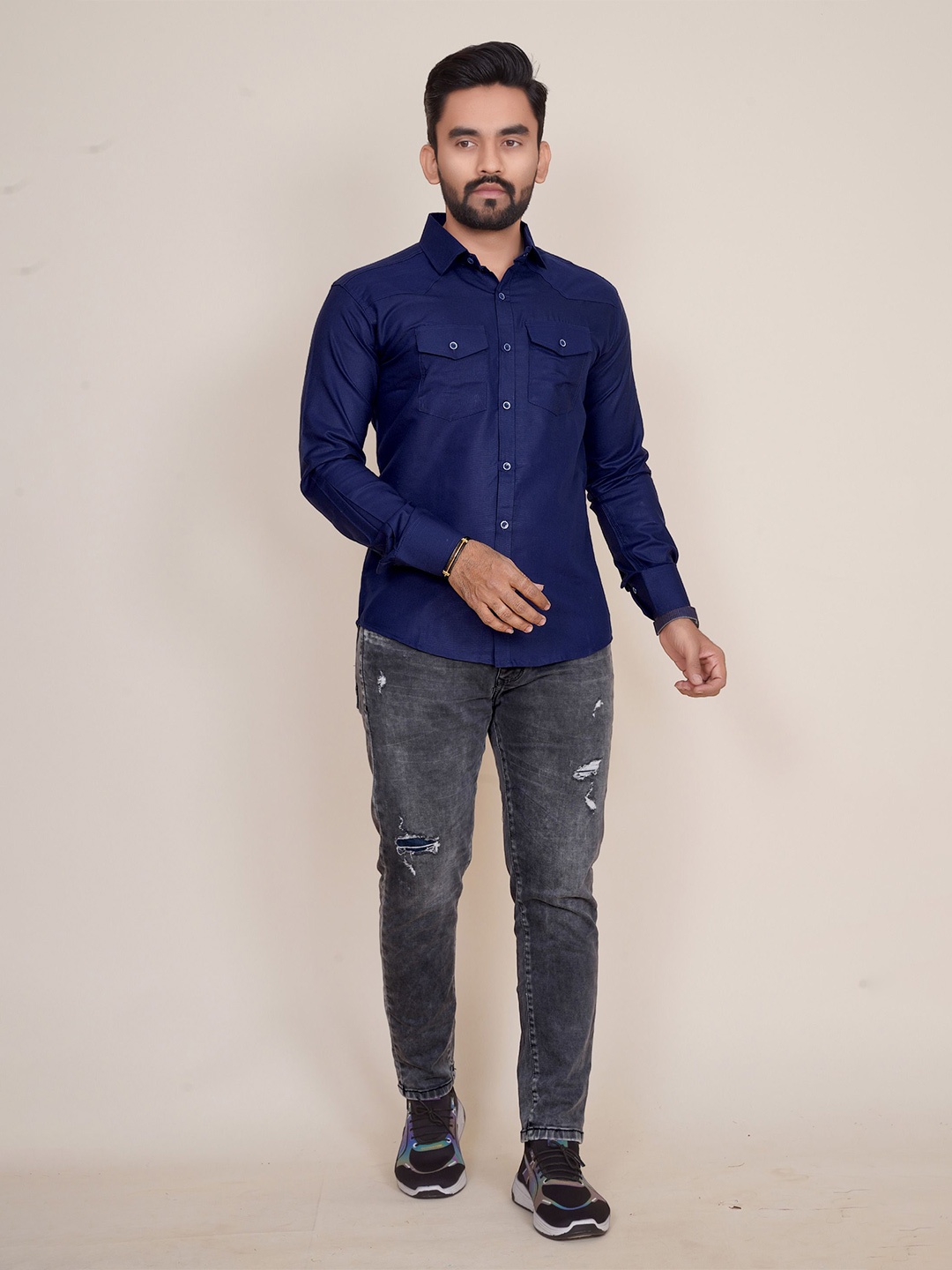 COLORWINGS Men Comfort Semi Sheer Party Shirt, Navy blue