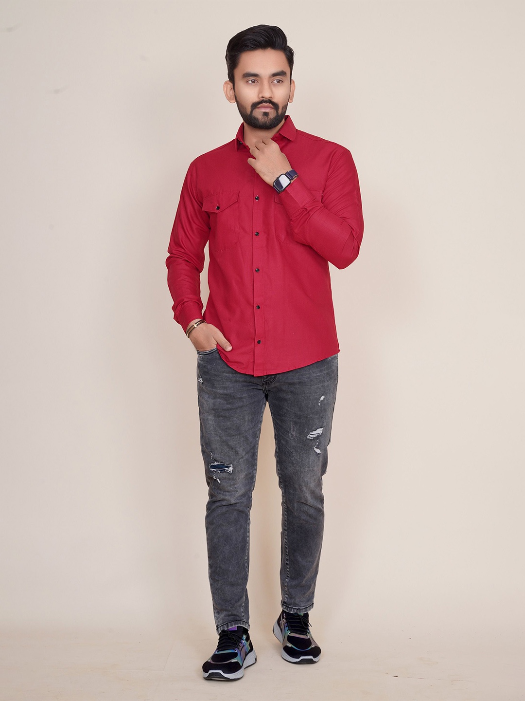 

COLORWINGS Men Comfort Semi Sheer Party Shirt, Red