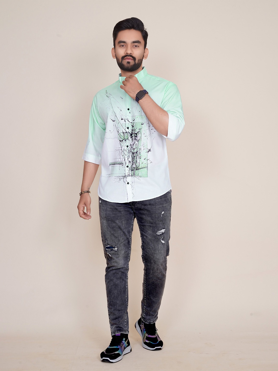 

COLORWINGS Men Comfort Semi Sheer Printed Party Shirt, Green