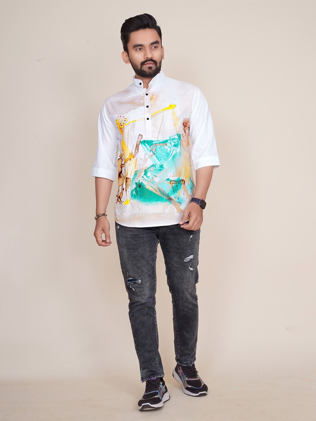 

COLORWINGS Men Comfort Floral Semi Sheer Printed Party Shirt, White
