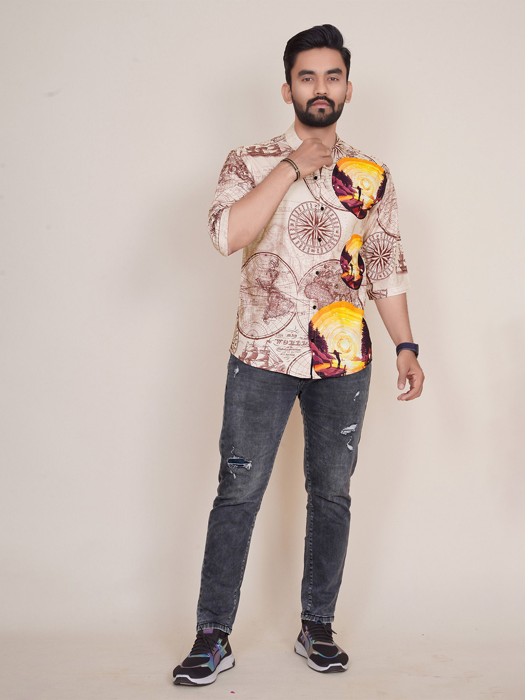 

COLORWINGS Men Comfort Floral Semi Sheer Printed Party Shirt, Beige