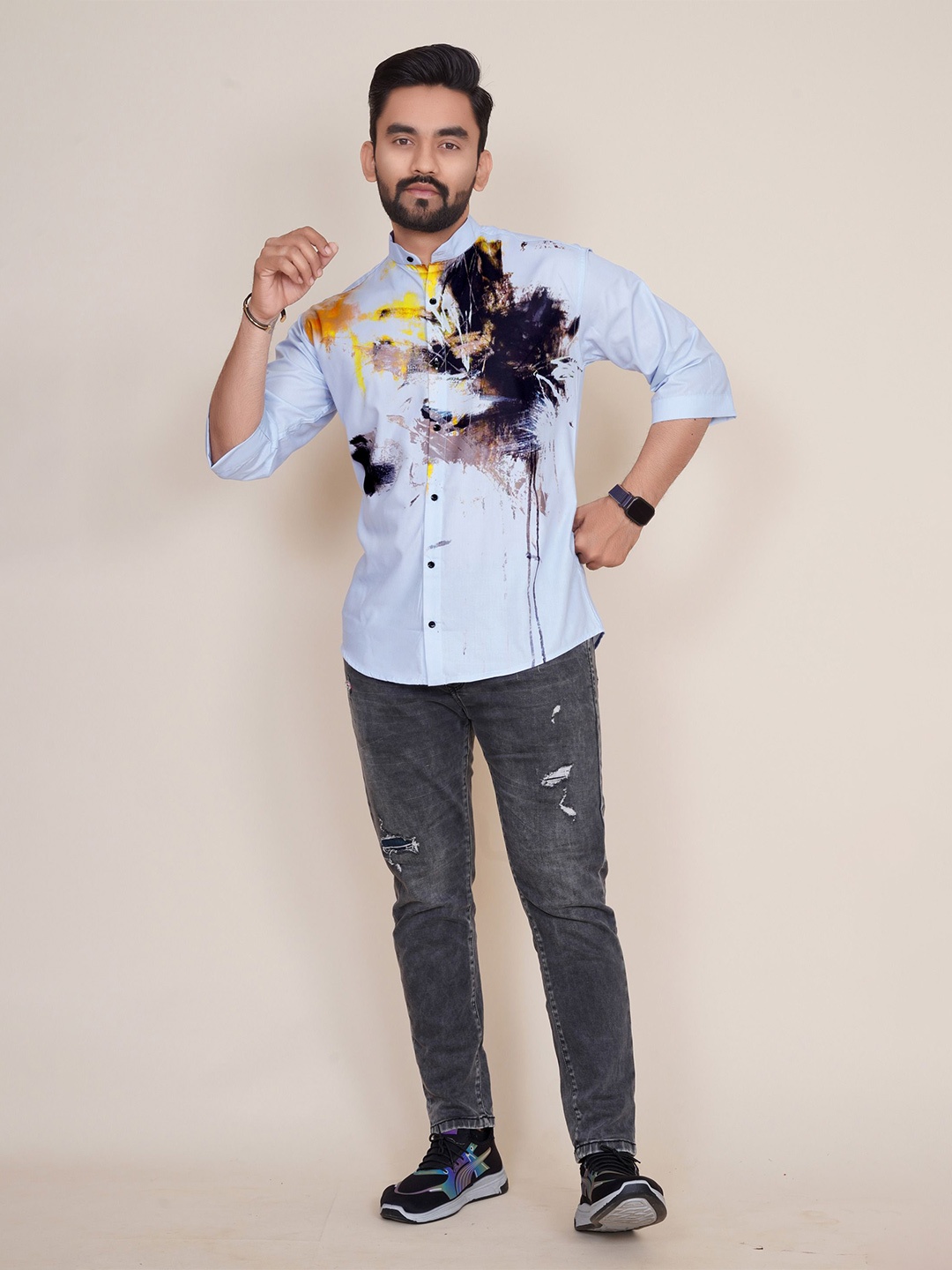 

COLORWINGS Men Comfort Semi Sheer Printed Party Shirt, Blue