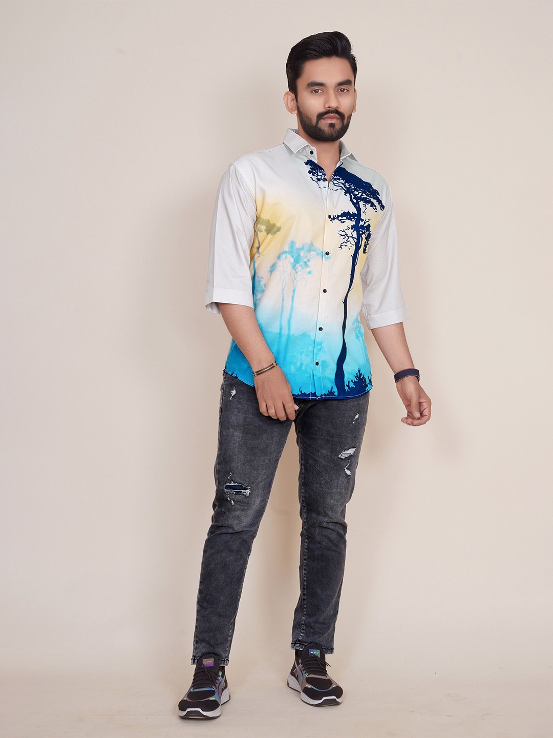 

COLORWINGS Men Comfort Floral Semi Sheer Printed Party Shirt, Off white