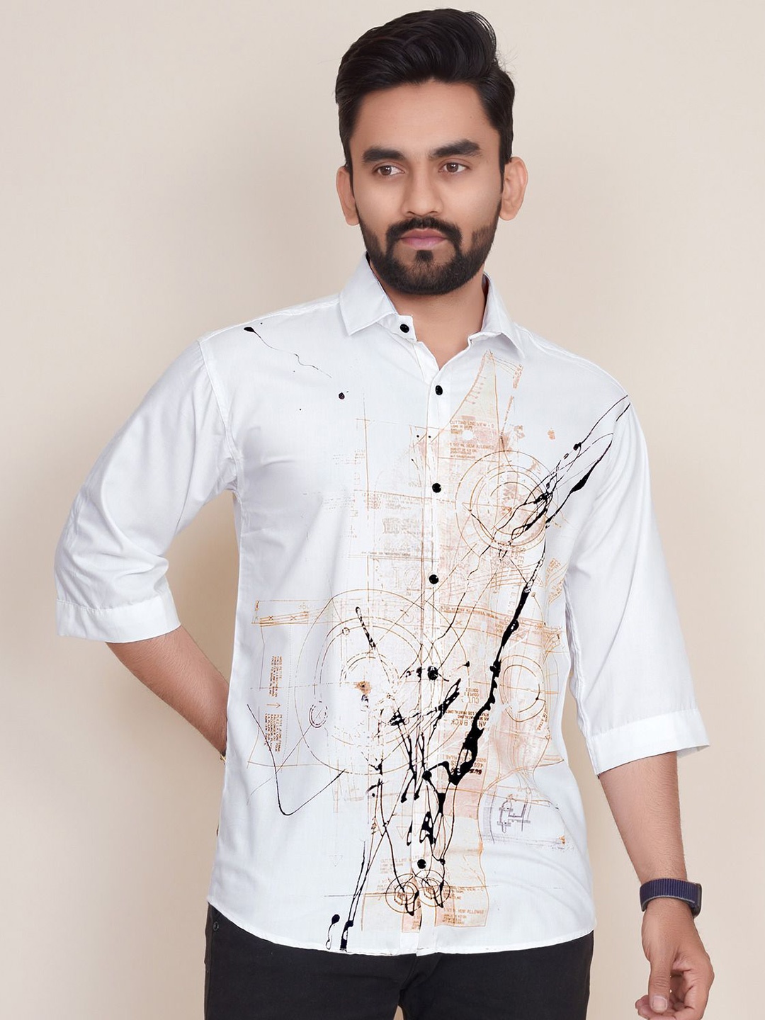 

COLORWINGS Men Comfort Semi Sheer Printed Party Shirt, White