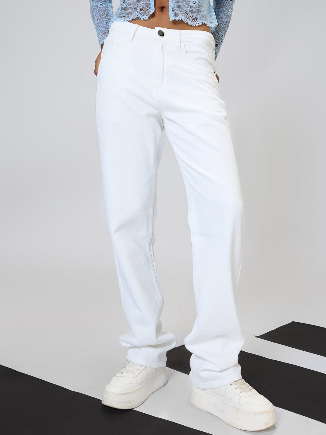 

FREAKINS Women Straight Fit High-Rise Mildly Distressed Jeans, White
