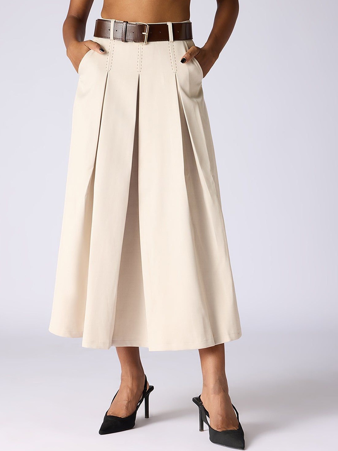 

FREAKINS Flared Pleated Maxi Skirts, Beige