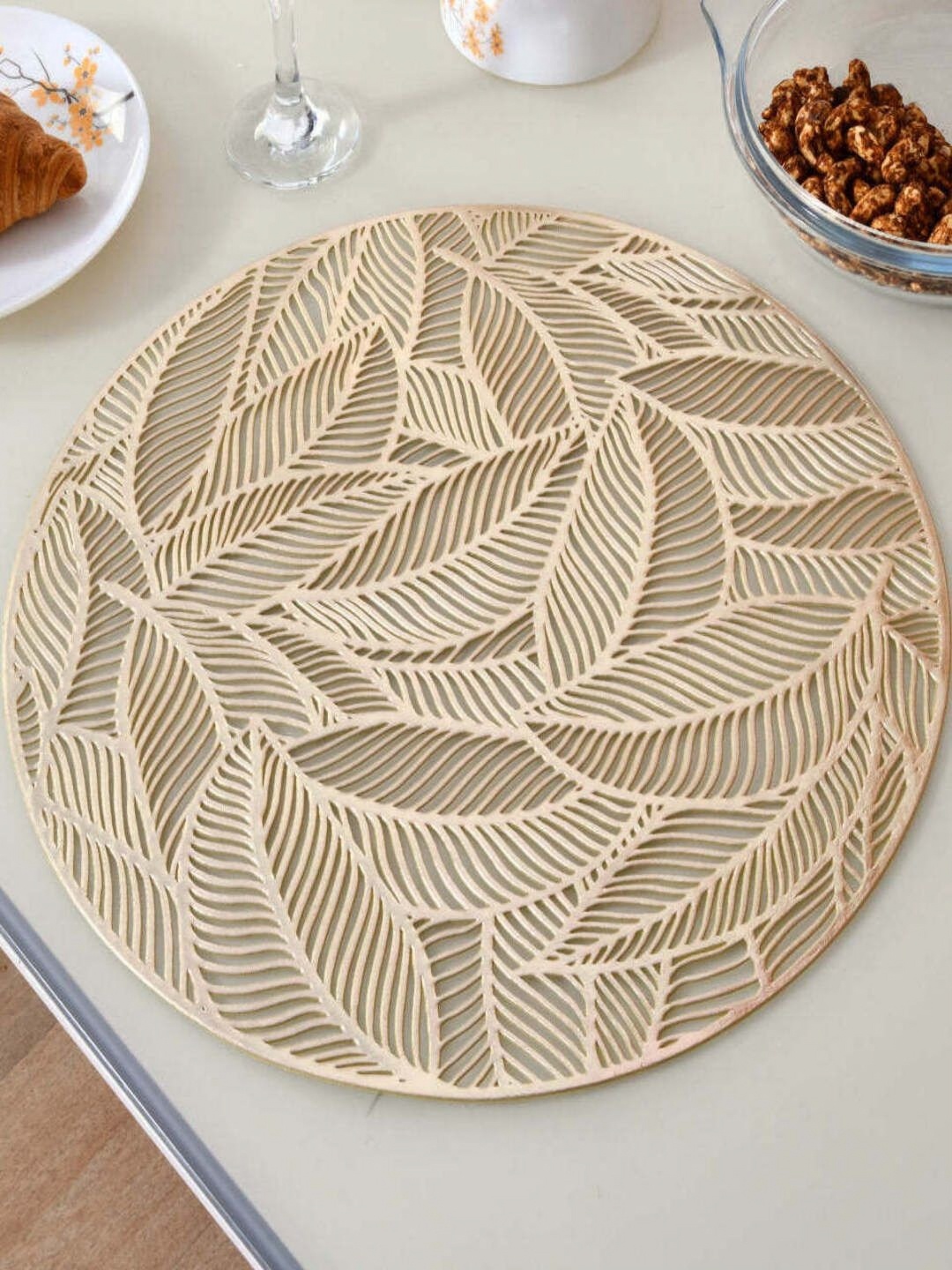 

Athome by Nilkamal Set of 4Pcs Floral Round Table Placemats, Gold