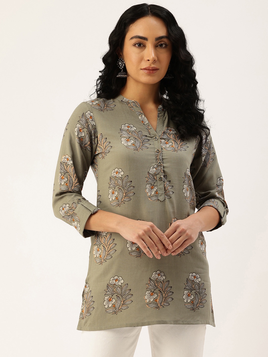 

AMUKTI Mandarin Collar Printed Tunic, Olive