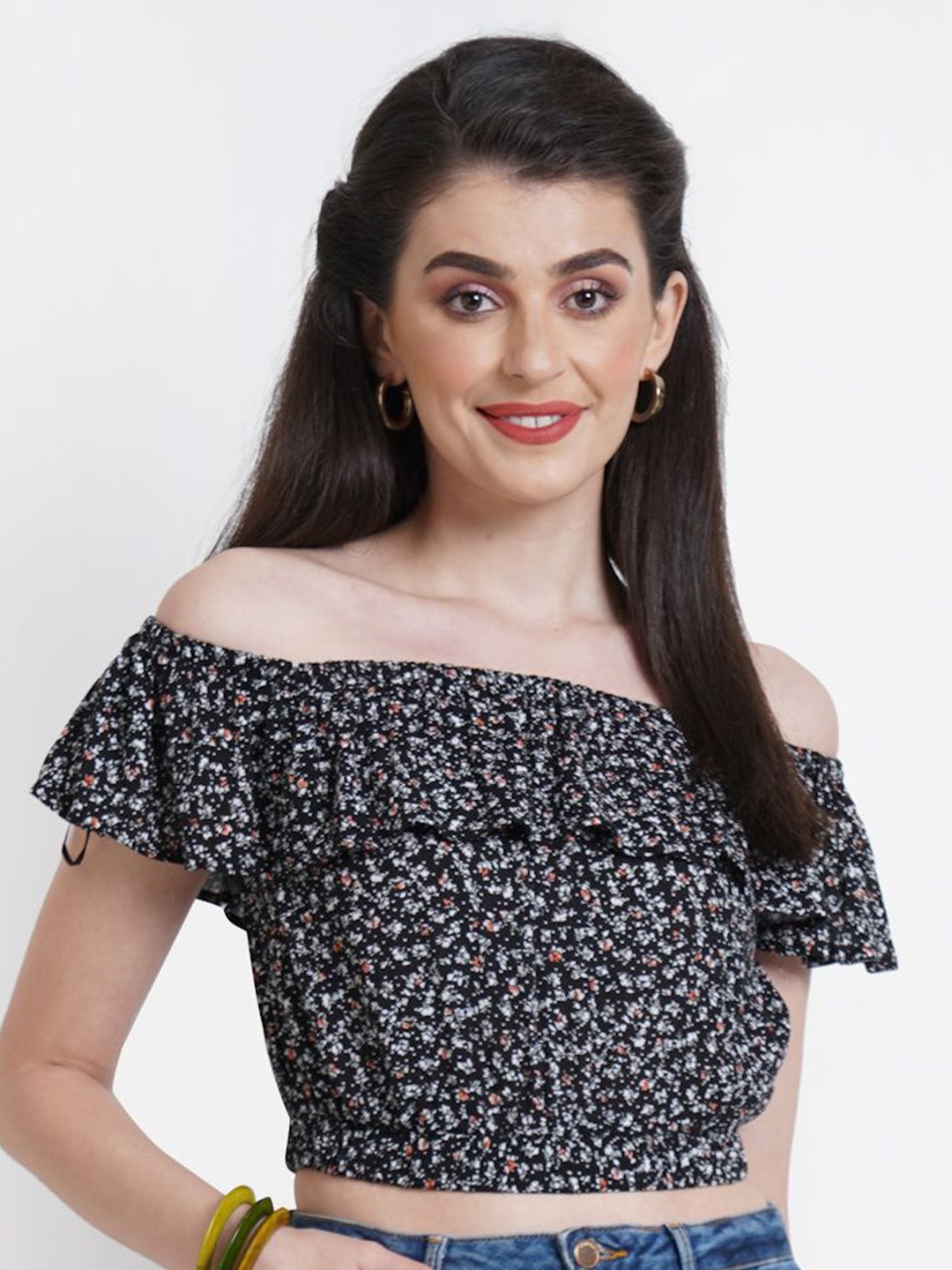 

Purple State Floral Print Off-Shoulder Cotton Bardot Crop Top, Black